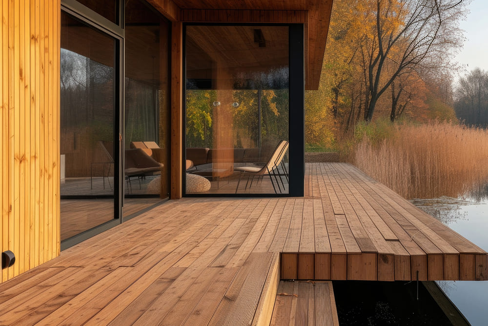 Терраса в частном доме с деревянным покрытием